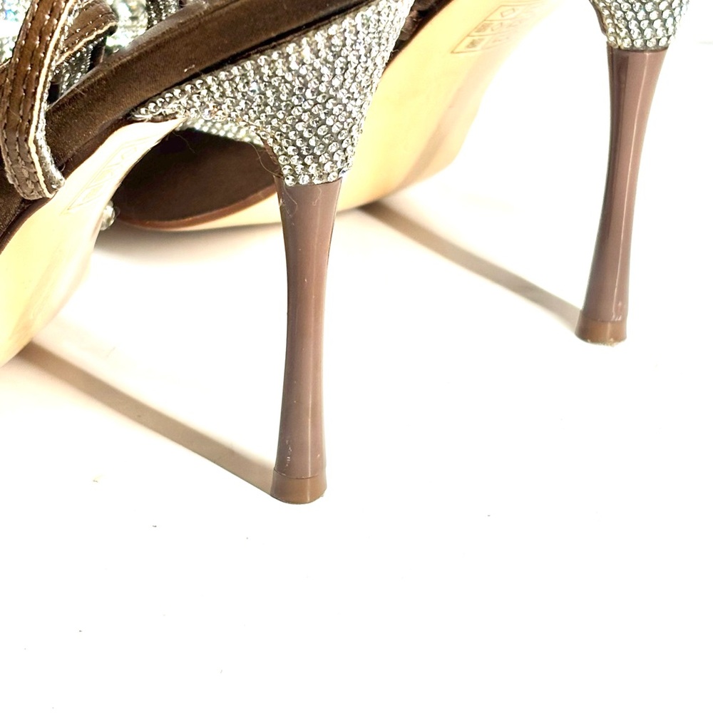 Metallic ankle-wrap Stiletto heels Crystal-embellished Bow detail Chocolate 9W - Picture 9 of 14